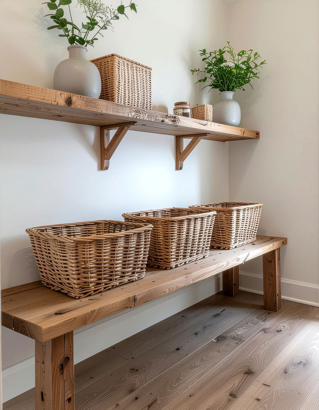 Mudroom basket shelf - 30 floating shelf decor ideas