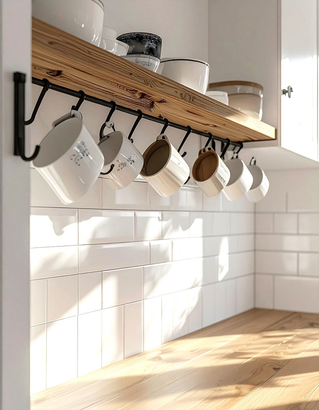 Mug hook display - 30 kitchen cabinet storage ideas