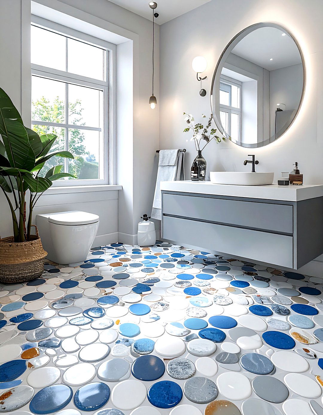 Multi color penny tile floor - 30 penny round tile bathroom ideas