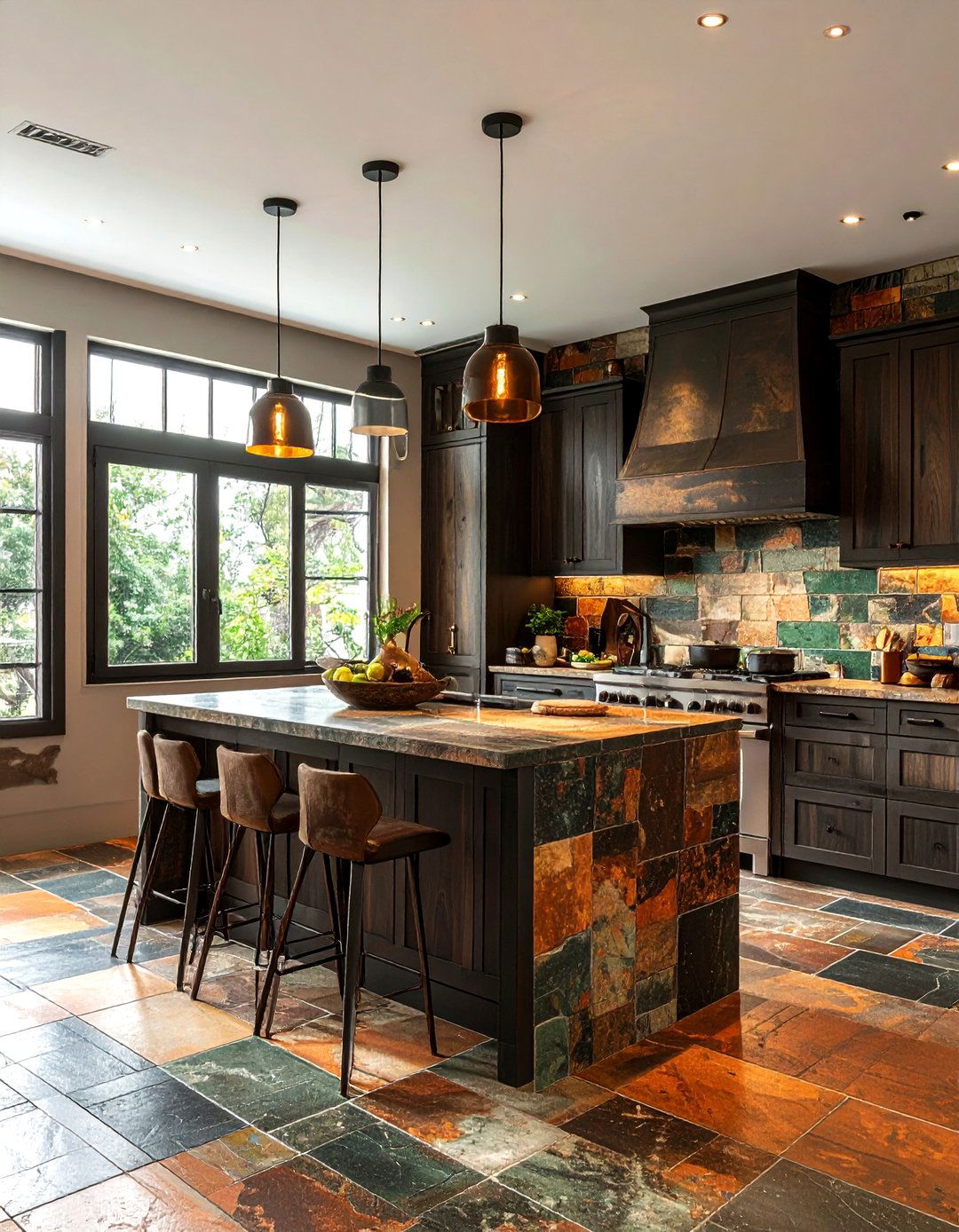 Multi color slate kitchen - 30 natural stone floor kitchen ideas