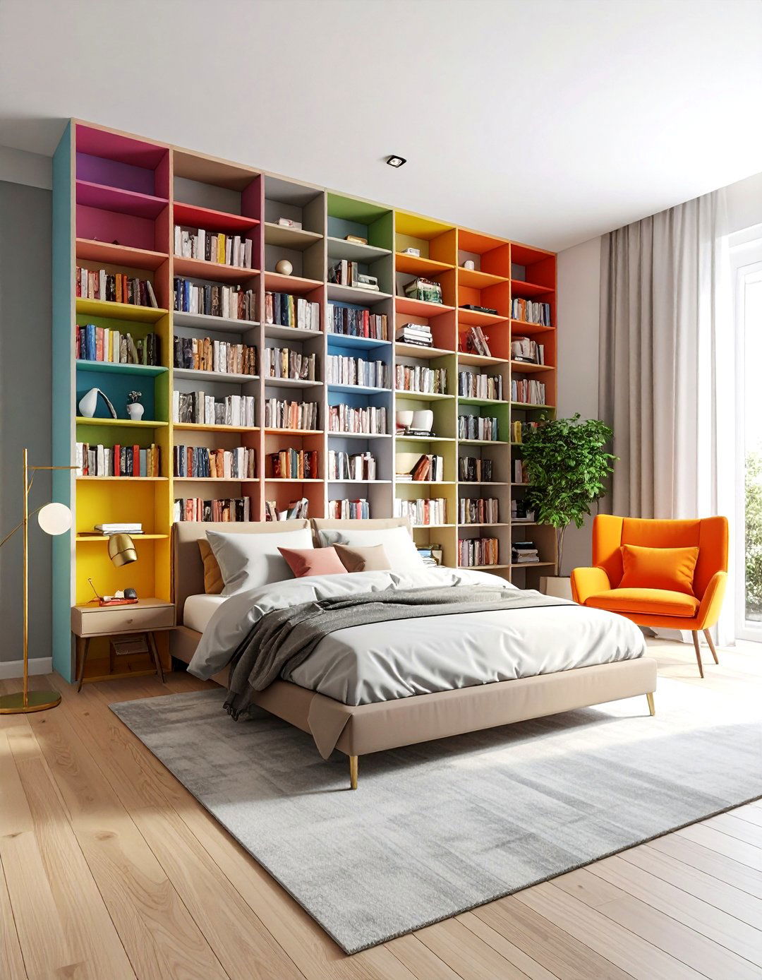 Multicolored Bookshelf Wall Bedroom - 30 maximalist bedroom ideas