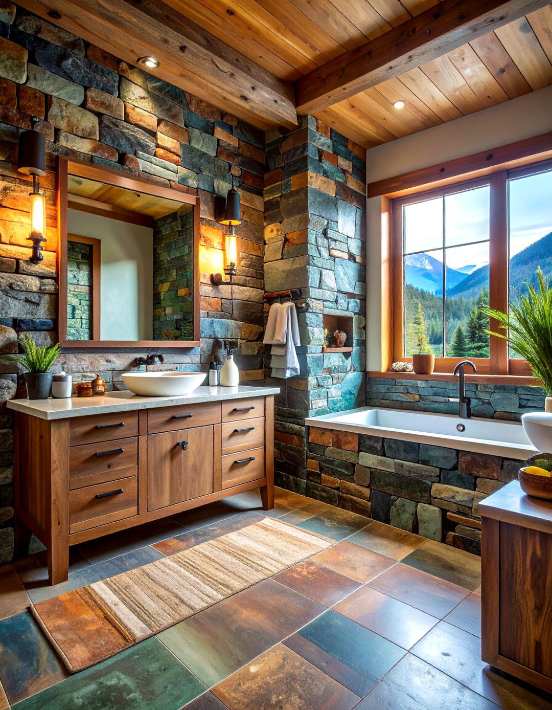 Multicolored slate stacked stone bathroom - 30 stacked stone bathroom ideas