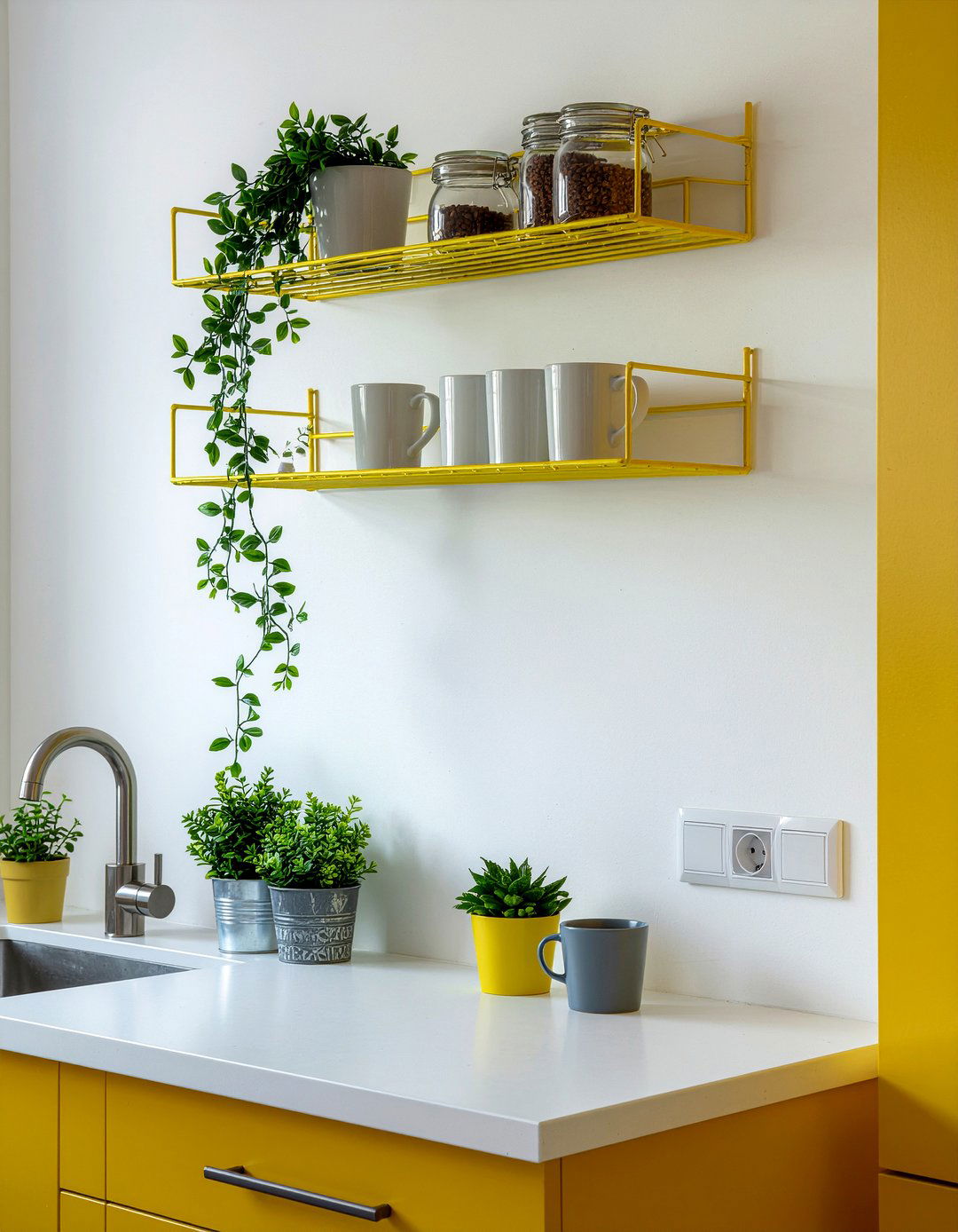 Mustard Floating Shelves - 30 mustard kitchen ideas