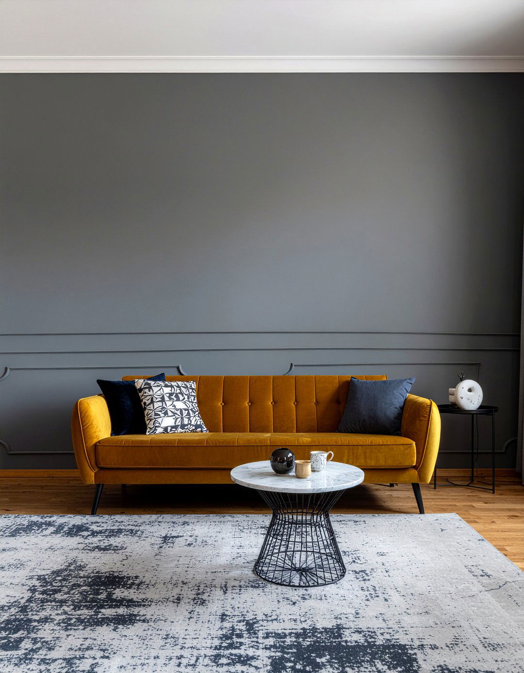 Mustard Yellow Velvet Sofa - 30 living room mid-century sofa ideas