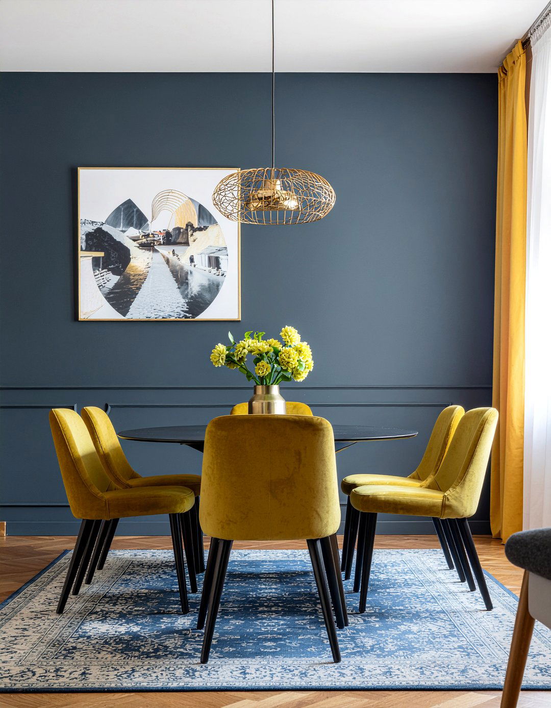 Mustard and navy dining room - 30 mustard dining room ideas