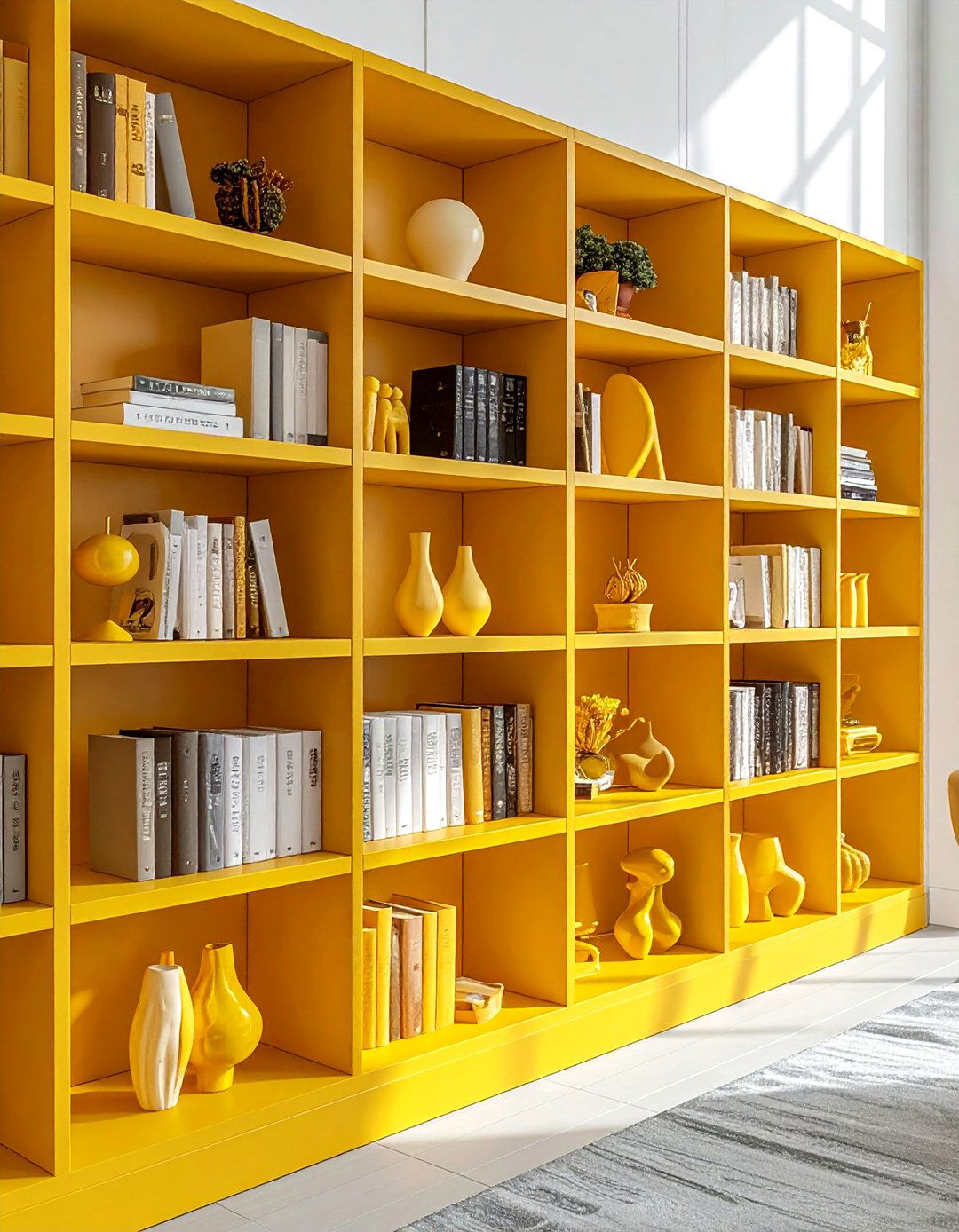 Mustard bookshelf styling - 30 mustard decor ideas