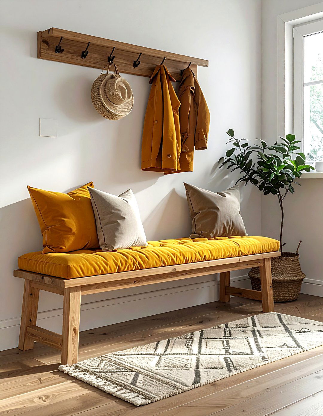 Mustard hallway bench - 30 mustard decor ideas