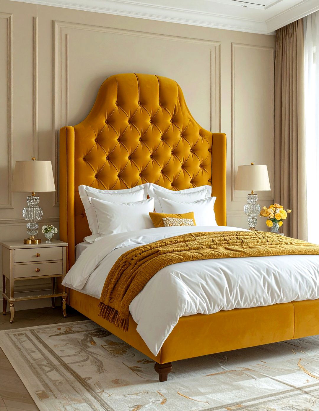 Mustard velvet headboard - 30 mustard bedroom ideas