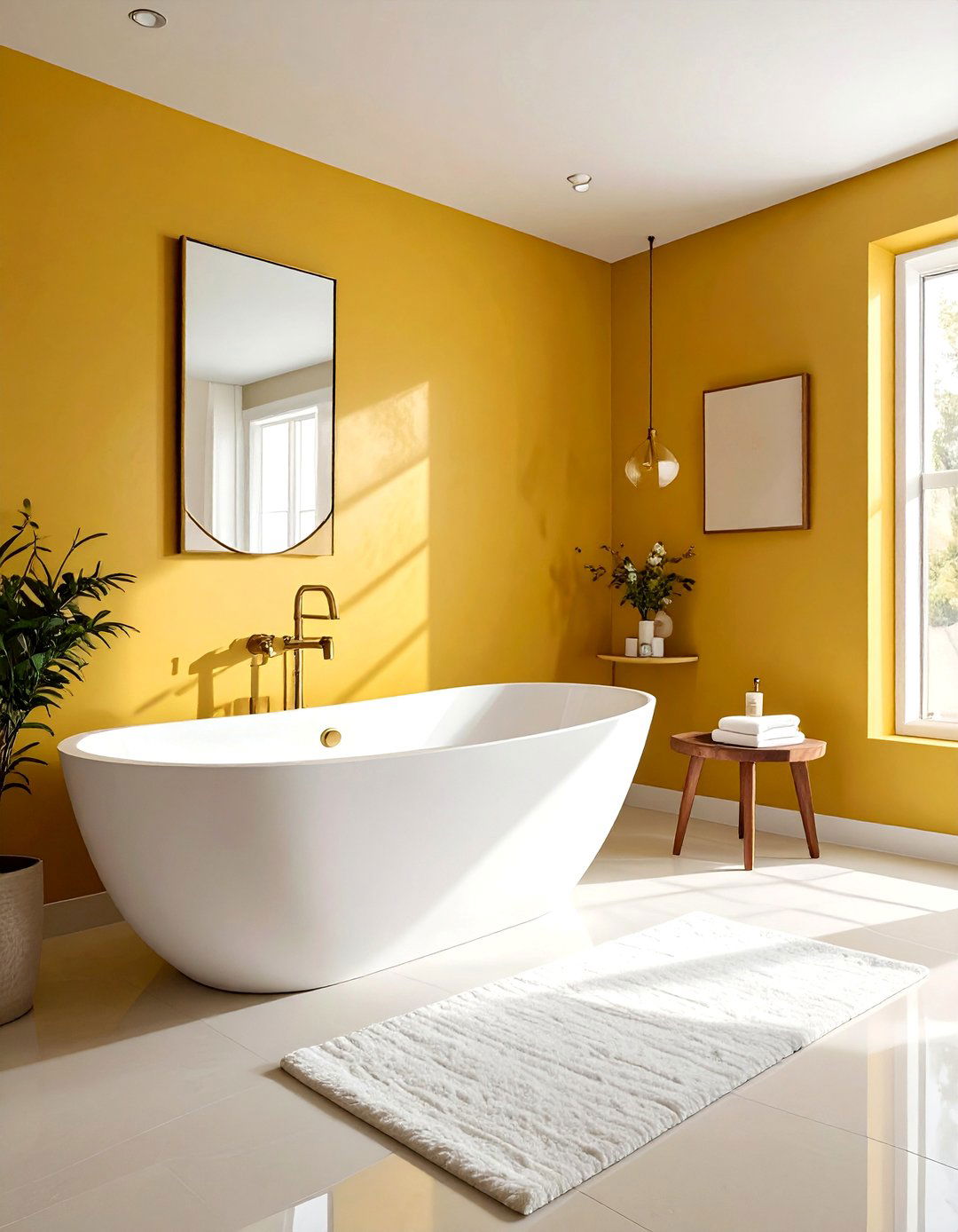 Mustard yellow accent wall bathroom - 30 bright yellow bathroom ideas