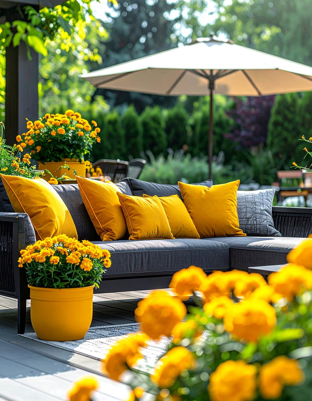 Mustard yellow accents - 30 outdoor pillow ideas