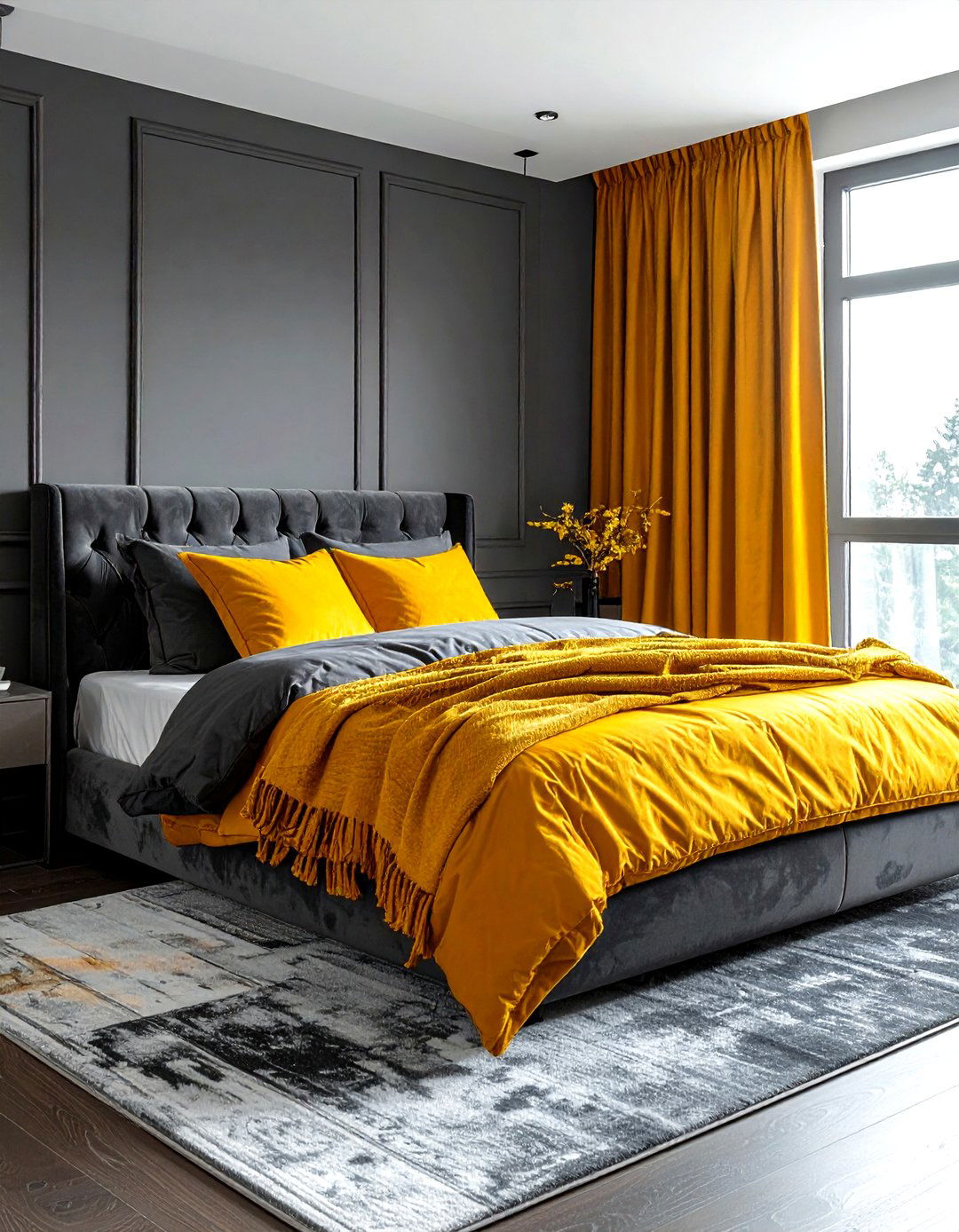 Mustard yellow and charcoal gray bedroom - 30 gray and yellow bedroom ideas
