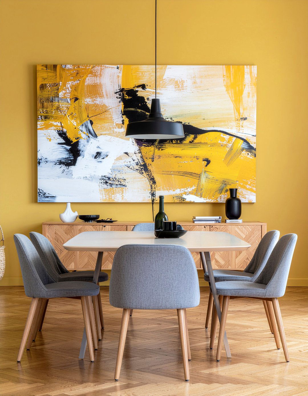 Mustard yellow art dining room - 30 mustard dining room ideas