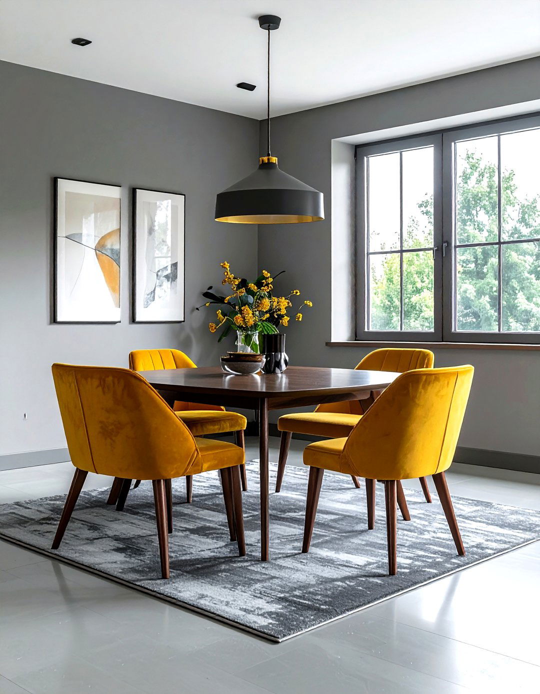Mustard yellow chairs gray walls - 30 gray and yellow dining room ideas
