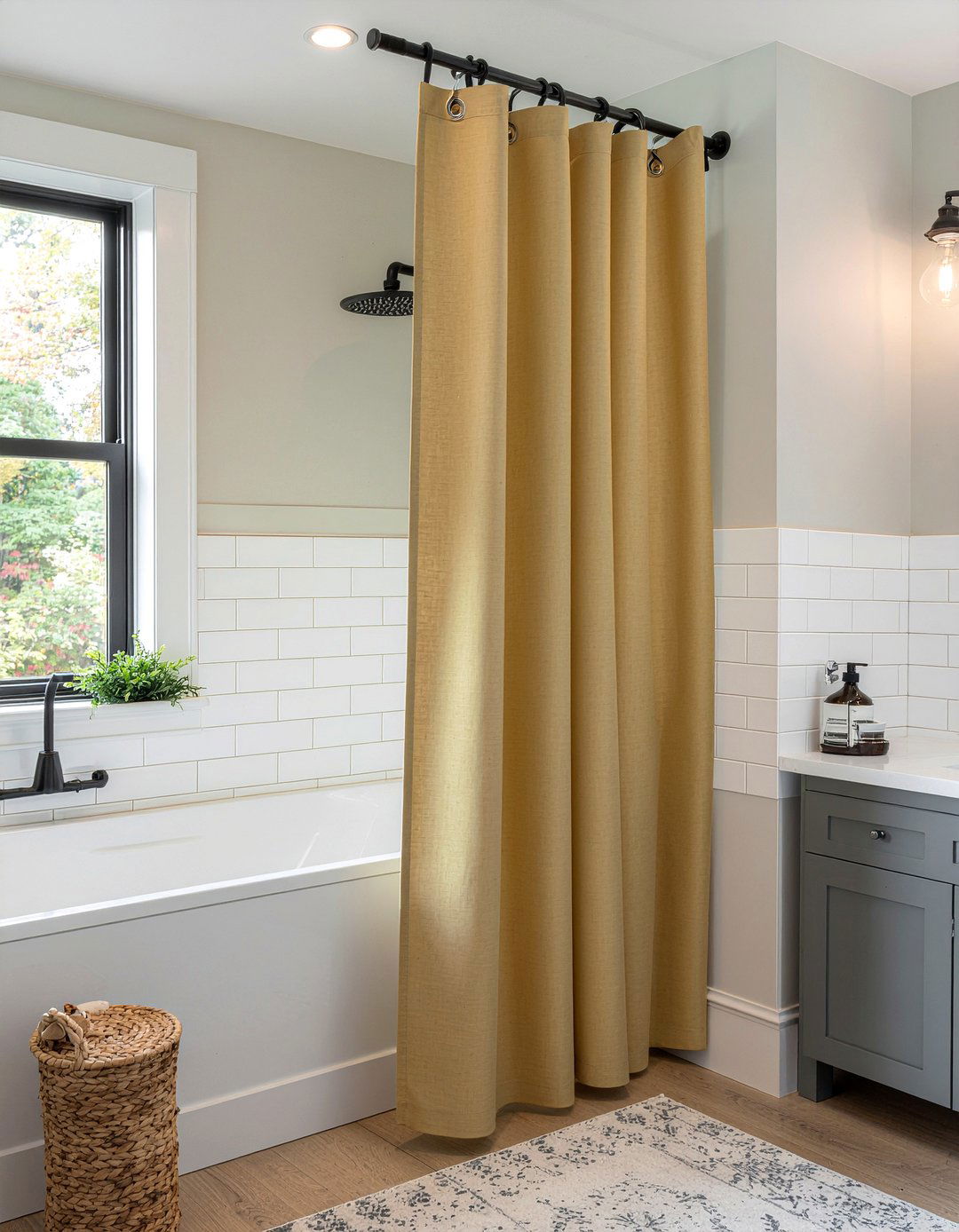 Mustard yellow shower curtain - 30 bathroom curtain ideas