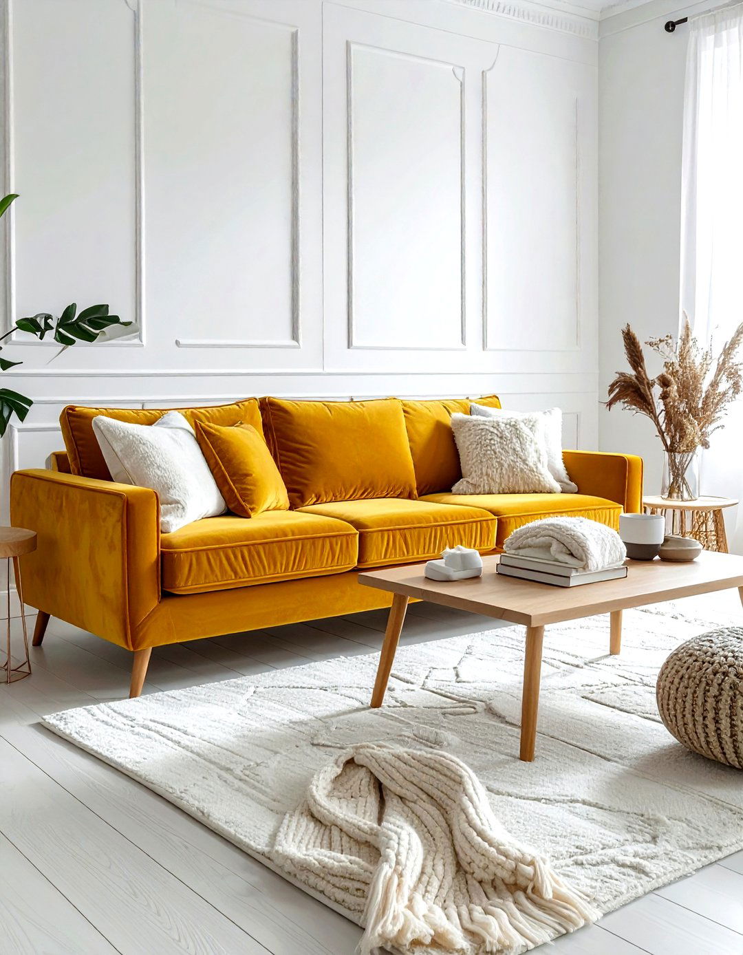 Mustard yellow sofa white walls - 30 yellow and white living room ideas