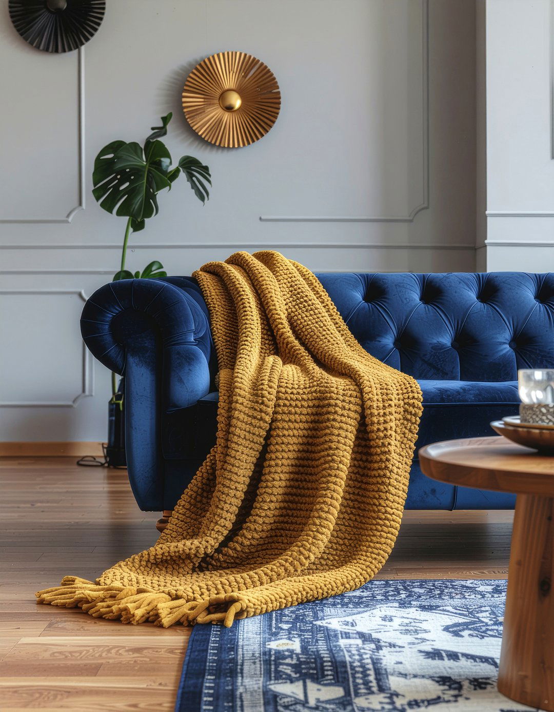 Mustard yellow throw blanket - 30 mustard living room ideas