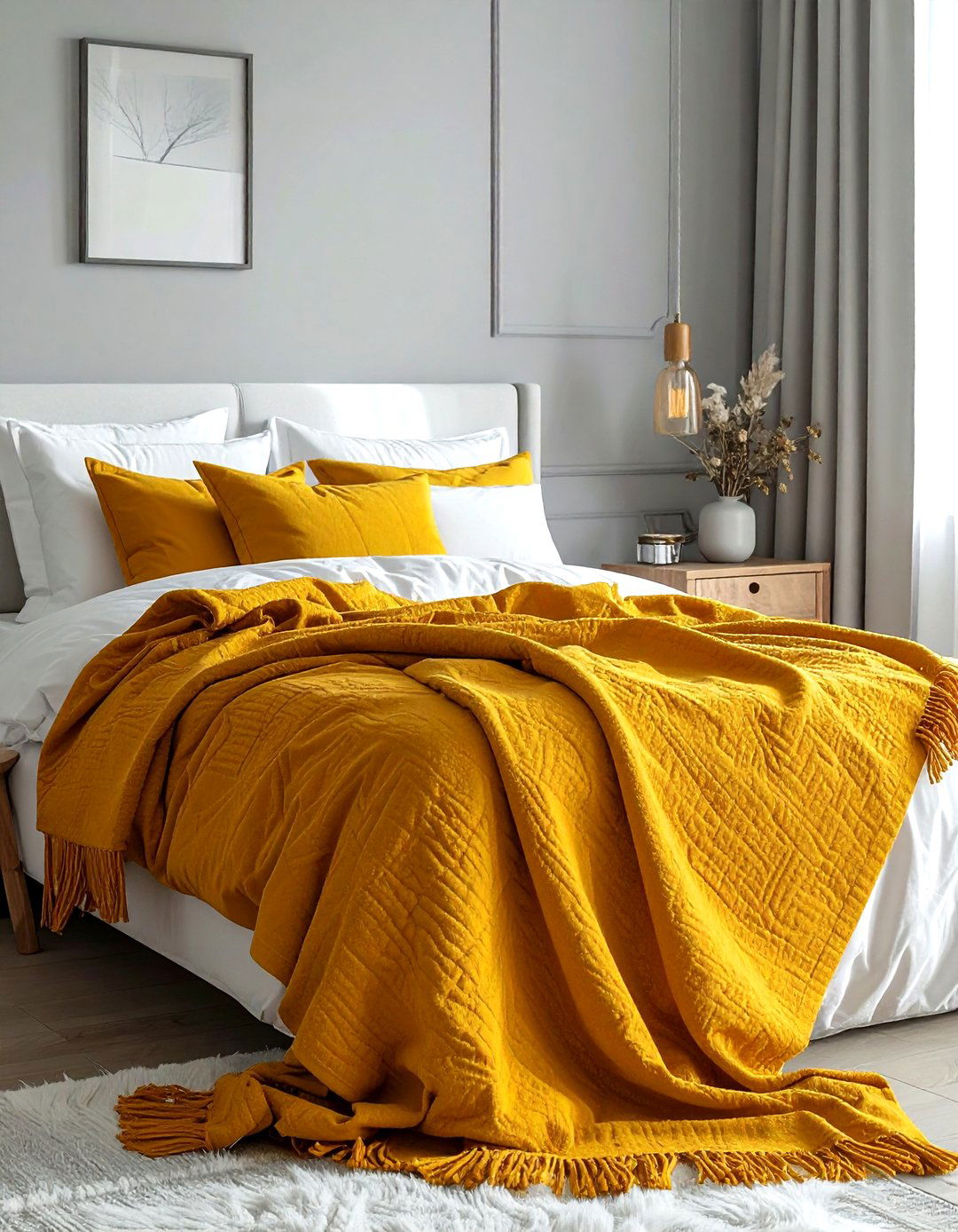 Mustard yellow throw blanket - 30 mustard bedroom ideas