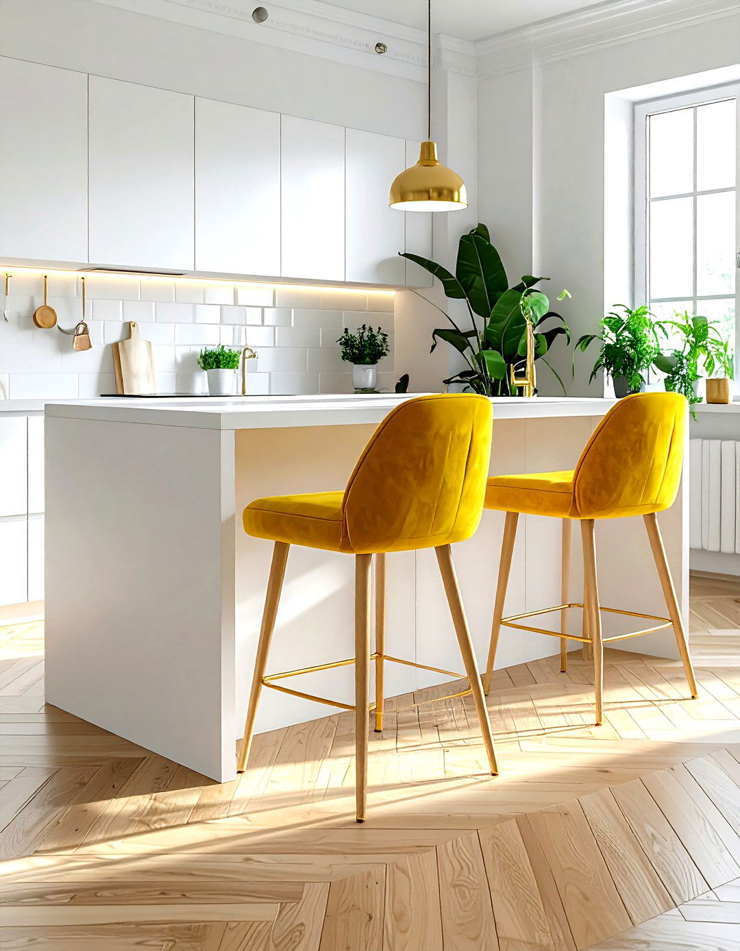 Mustard yellow velvet chairs in white kitchen - 30 velvet kitchen ideas