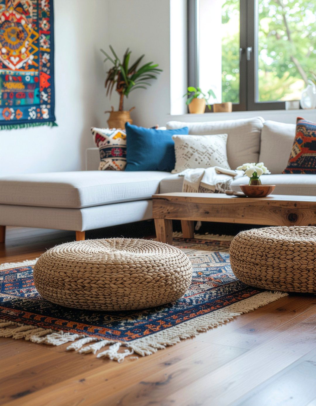 Natural Fiber Floor Pouf - 30 living room woven ottoman ideas