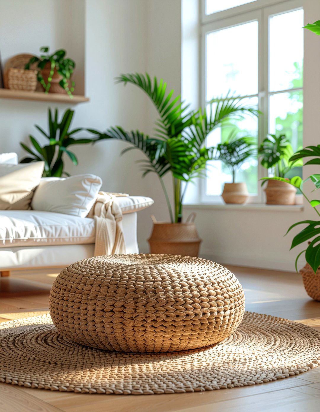 Natural Jute Pouf - 30 living room floor cushion ideas