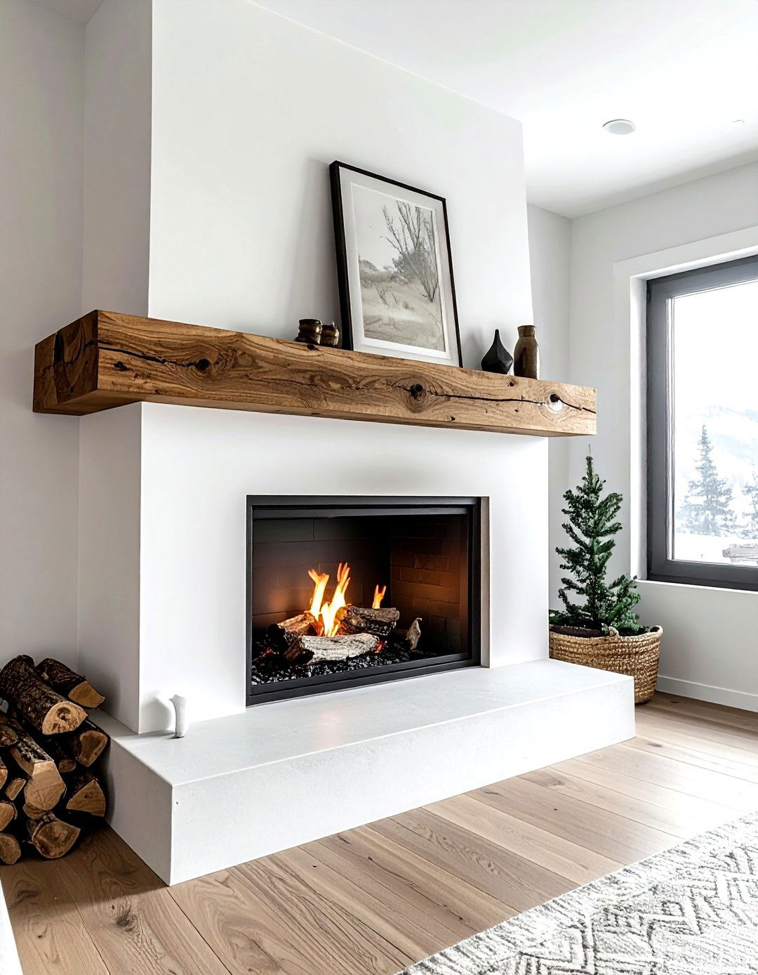 Natural Wood Beam - 30 minimalist mantel ideas