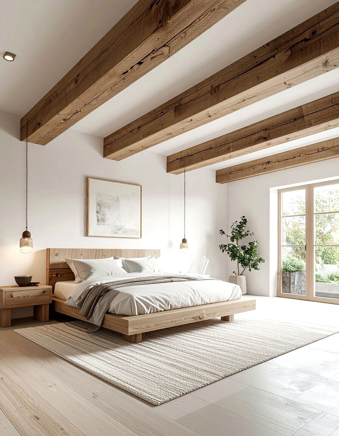 Natural Wood Ceiling Beams - 30 soft minimalist bedroom ideas