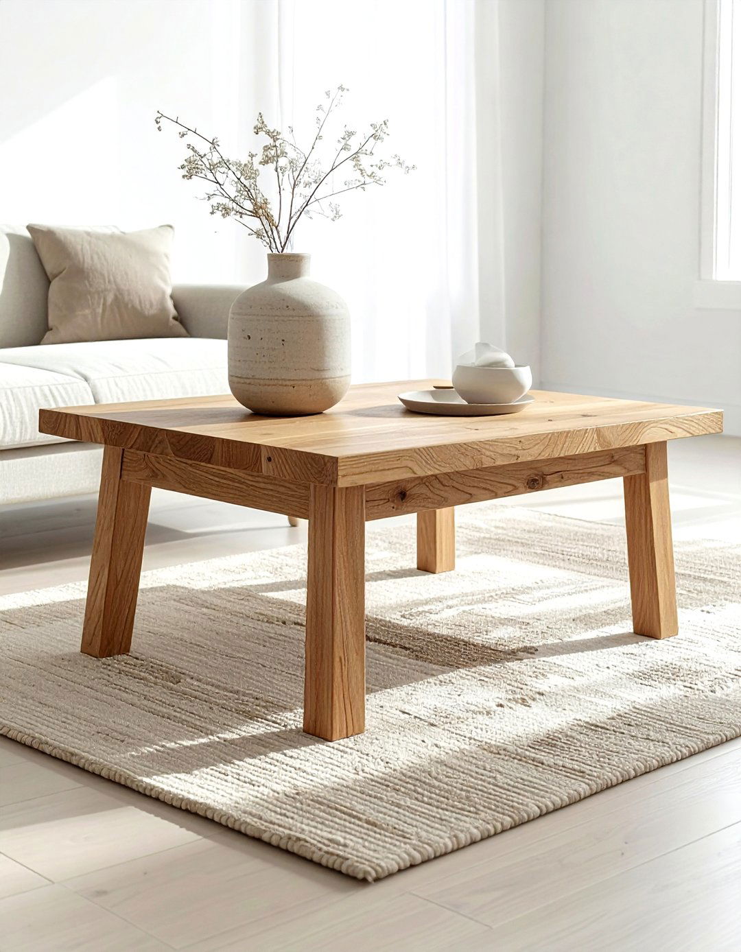 Natural Wood Coffee Table - 30 soft minimalist living room ideas