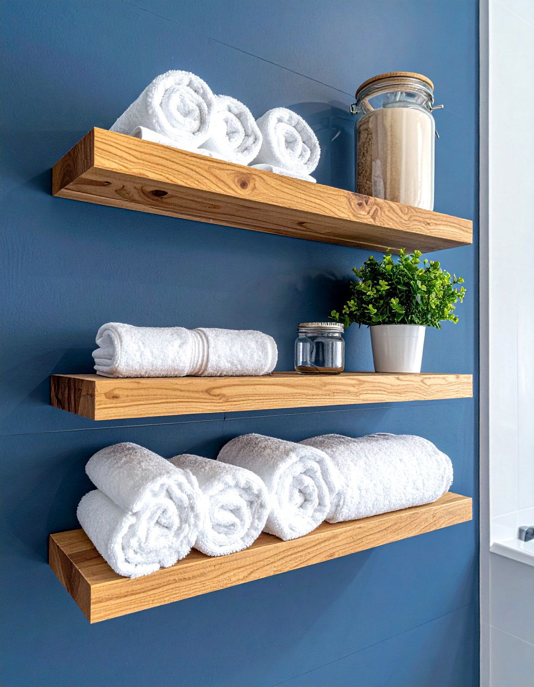 Natural Wood Floating Shelves - 30 boys bathroom ideas