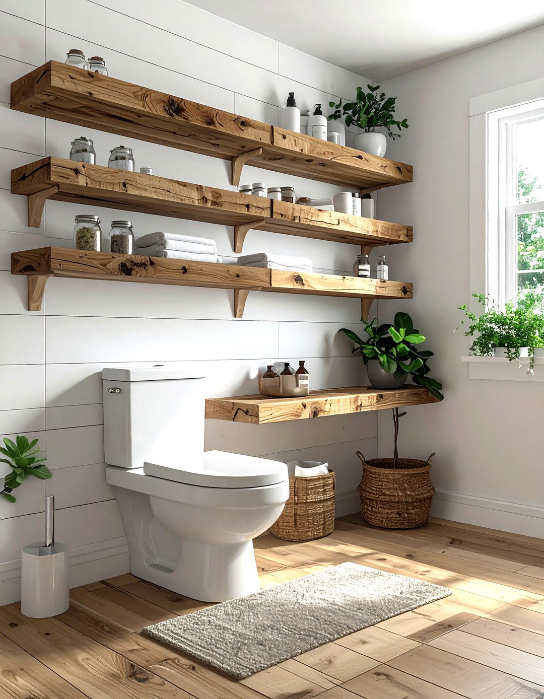 Natural Wood Floating Shelves - 30 vintage modern bathroom ideas