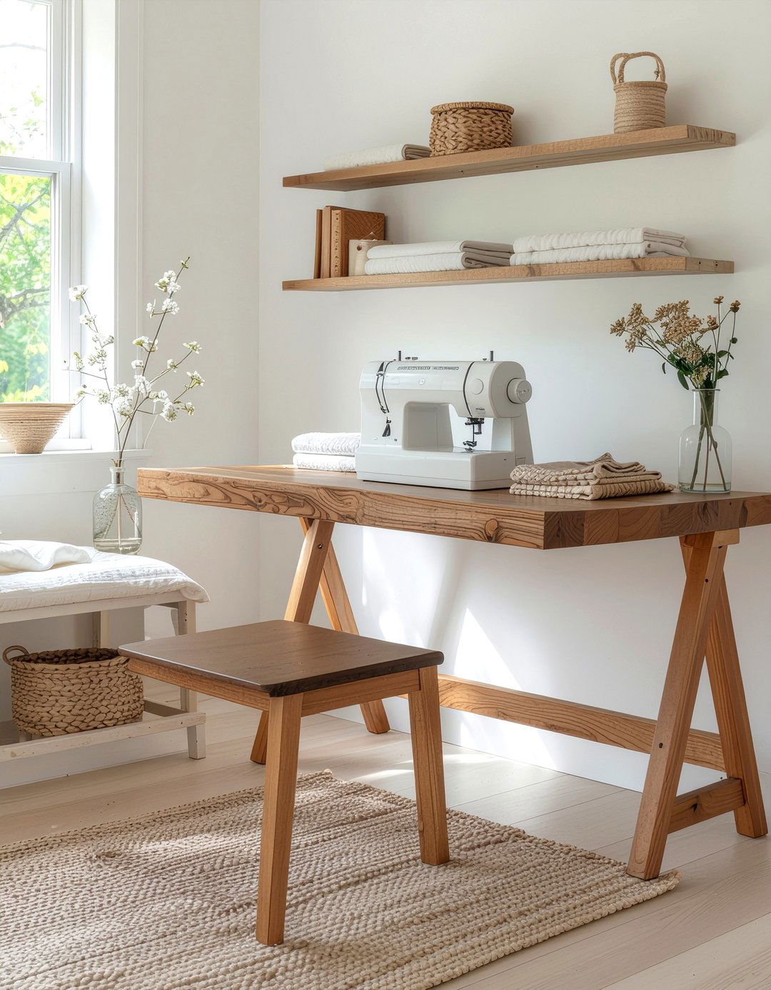 Natural Wood Sewing Area - 30 bedroom sewing nook ideas