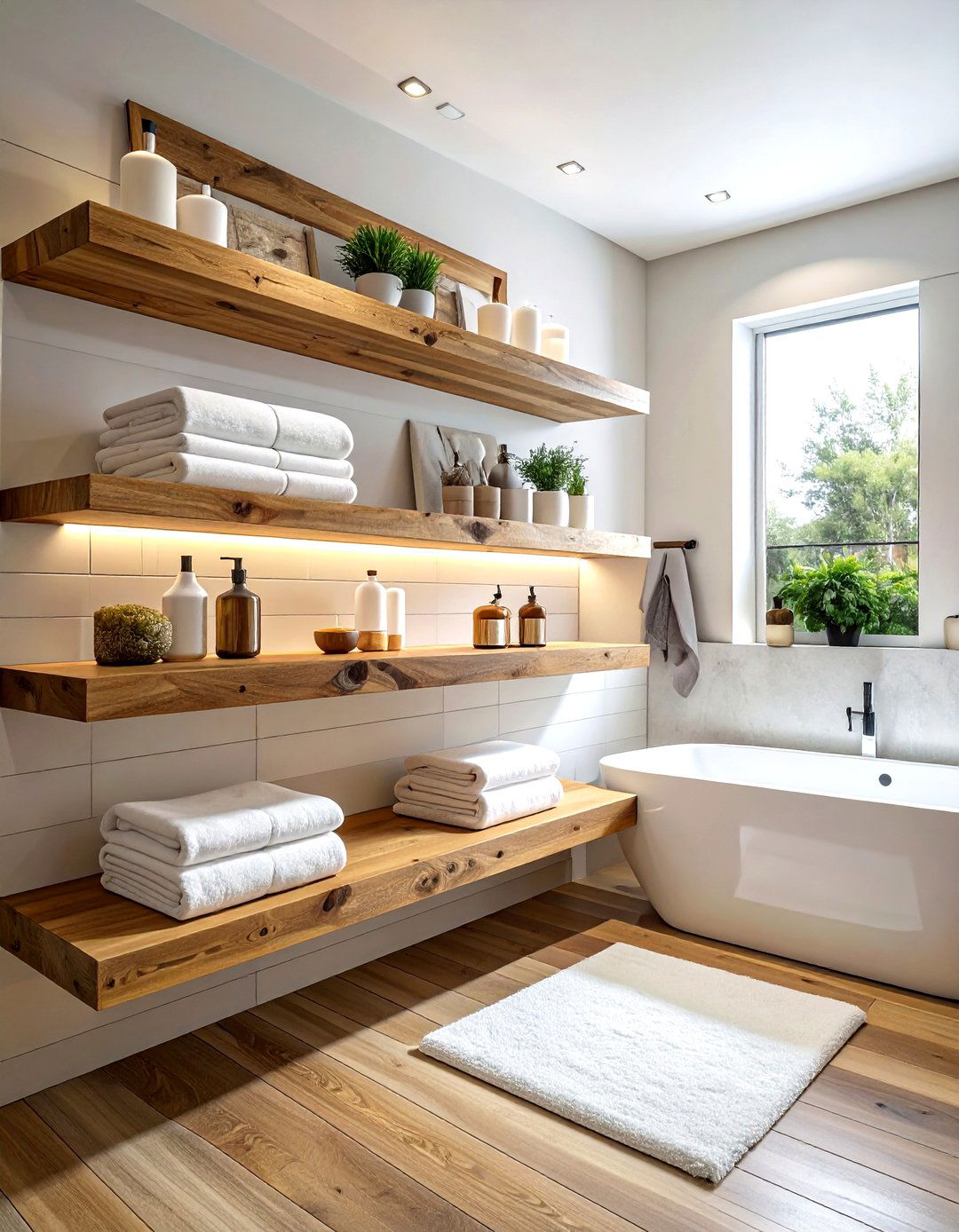 Natural Wood Shelving - 30 modern farmhouse bathroom ideas