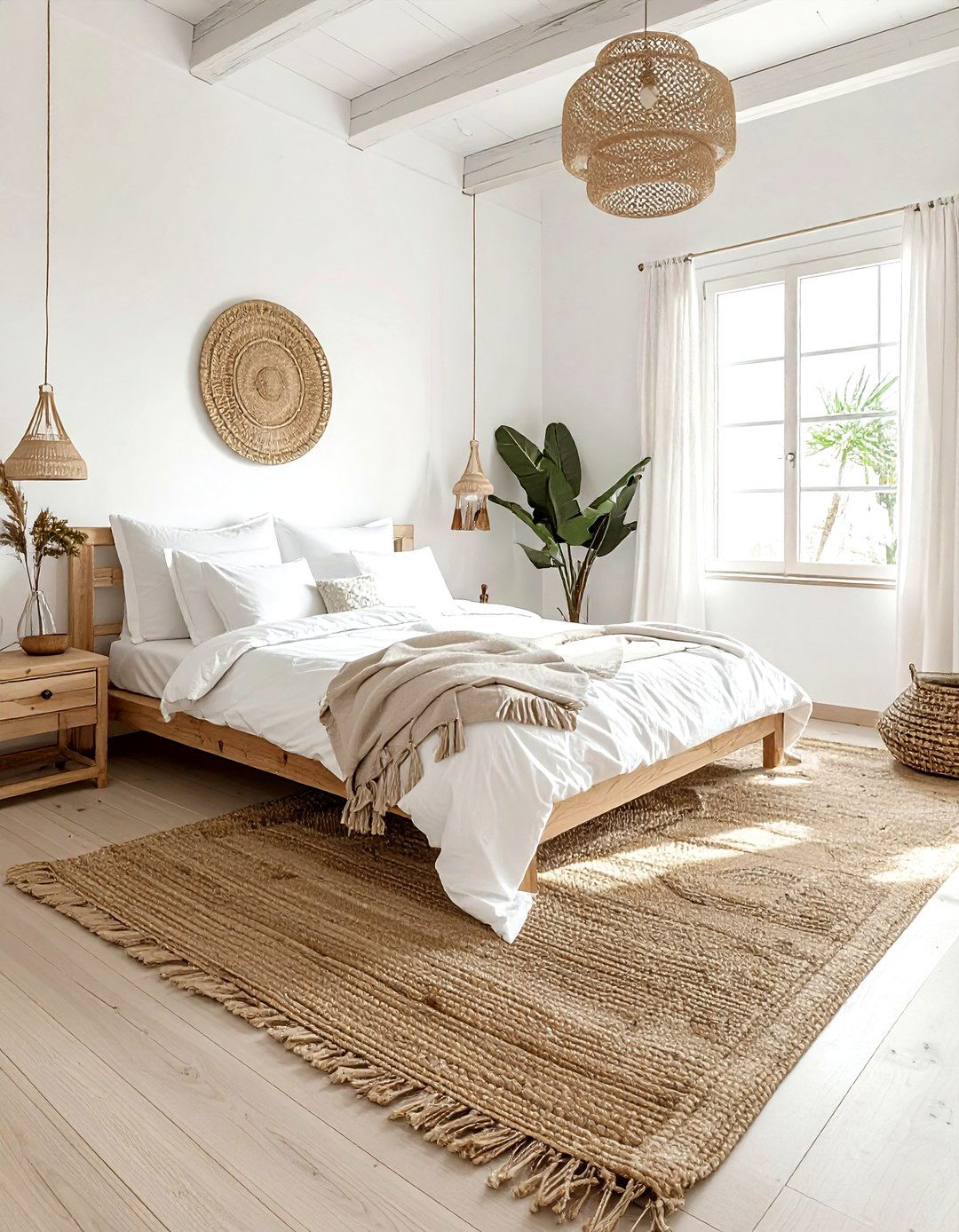 Natural jute rug - 30 bohemian white bedroom ideas