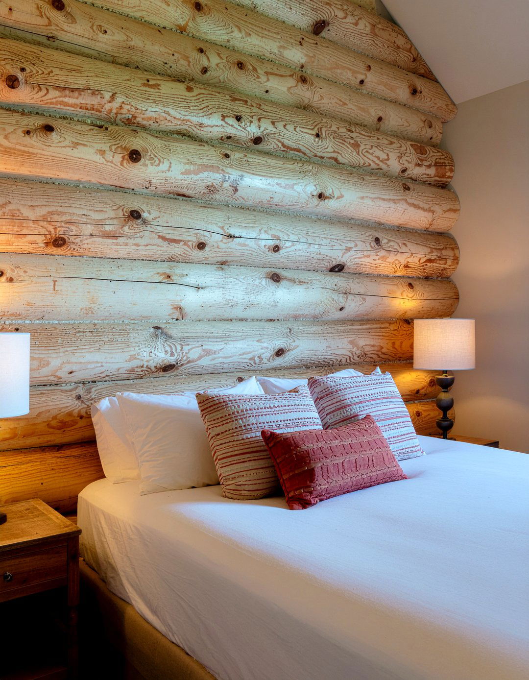 Natural log wall - 30 rustic bedroom ideas