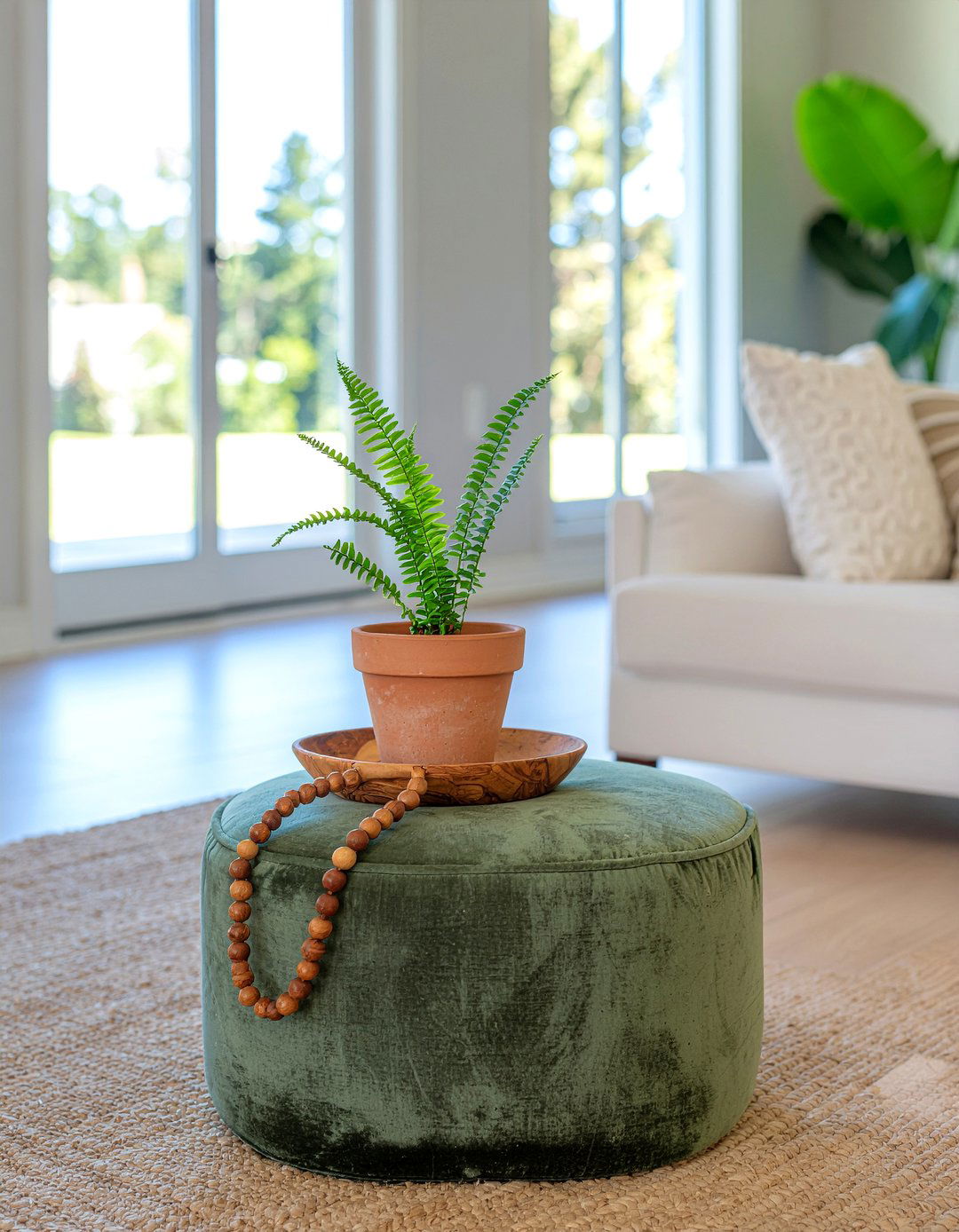Natural oak tray on green ottoman - 30 living room tray ottoman ideas