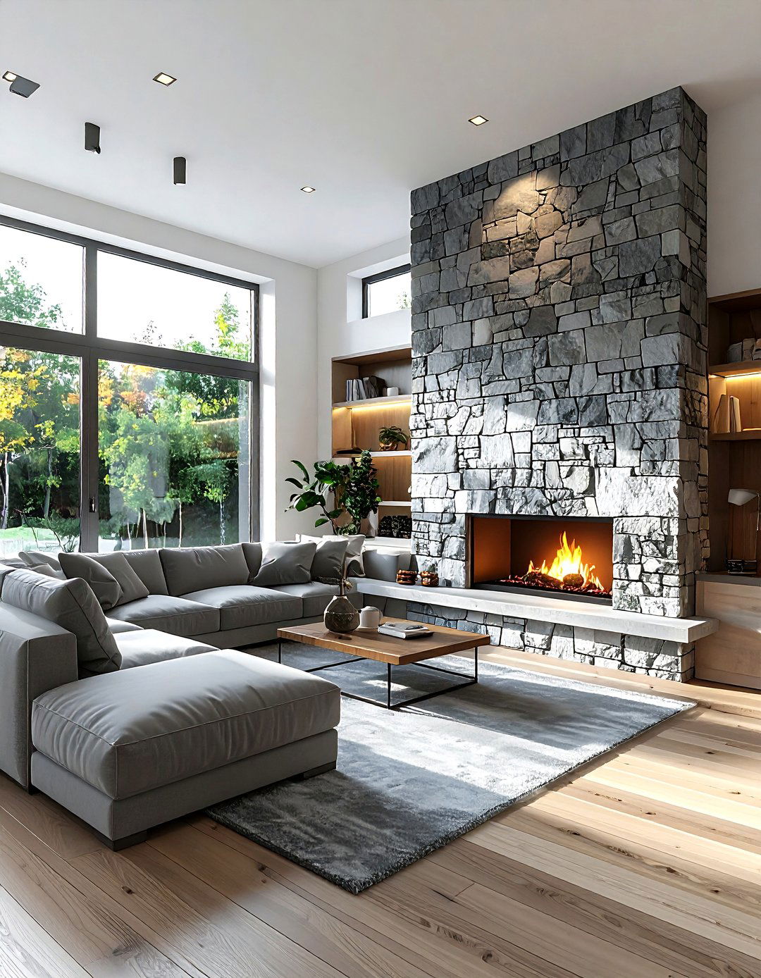 Natural stone fireplace - 30 textured decor ideas