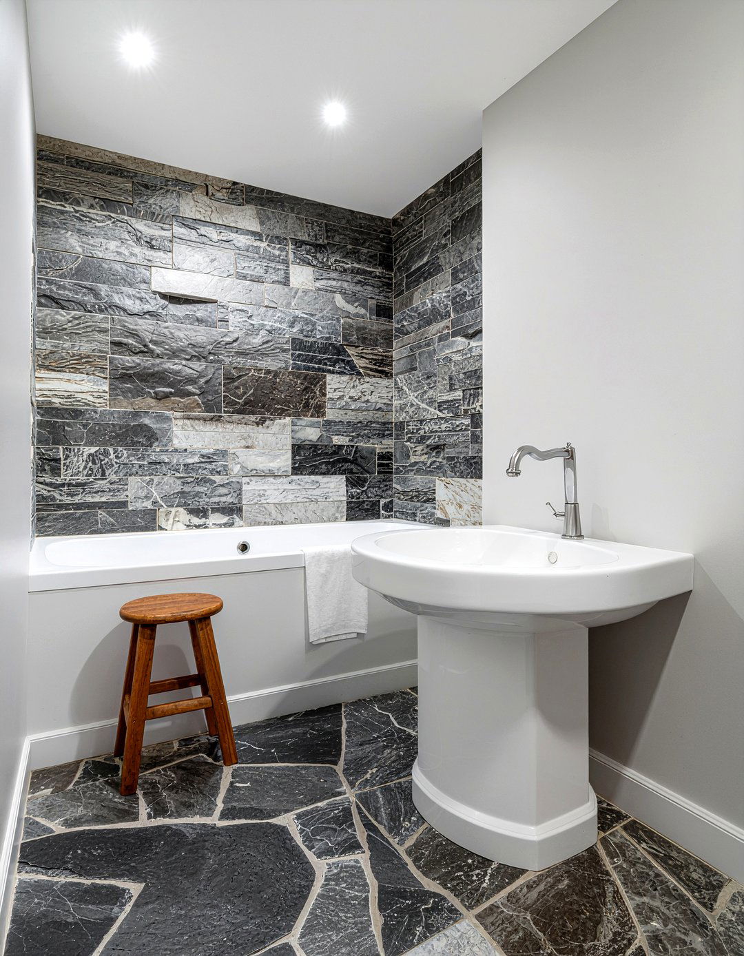 Natural stone tile floor - 30 lake house bathroom ideas