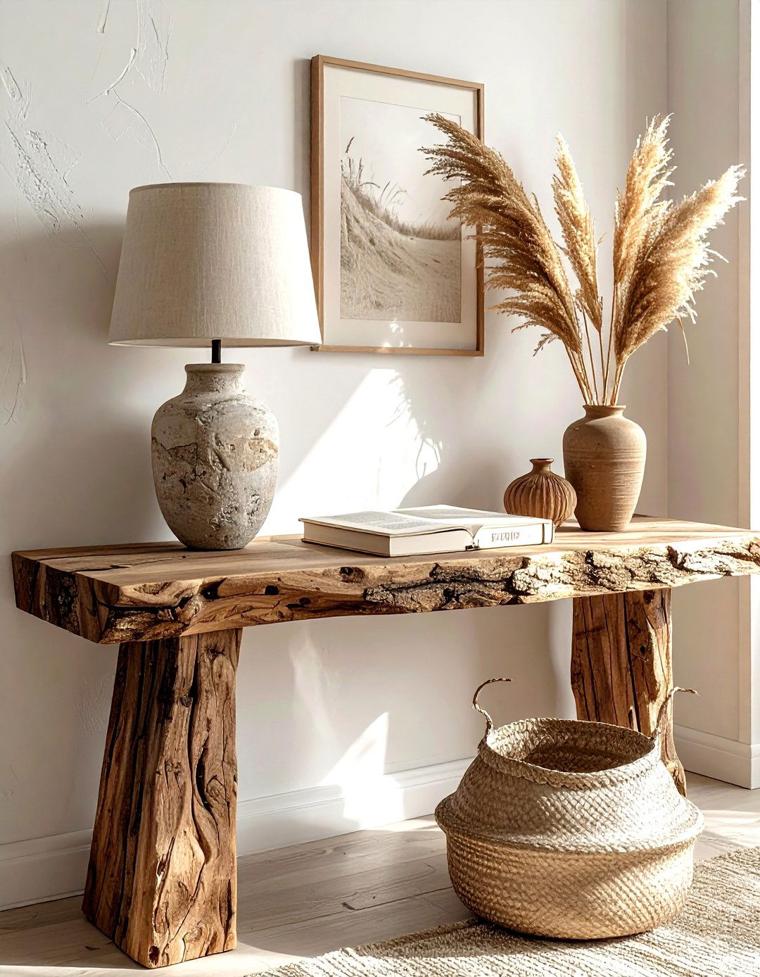 Natural texture console table - 30 console table decor ideas