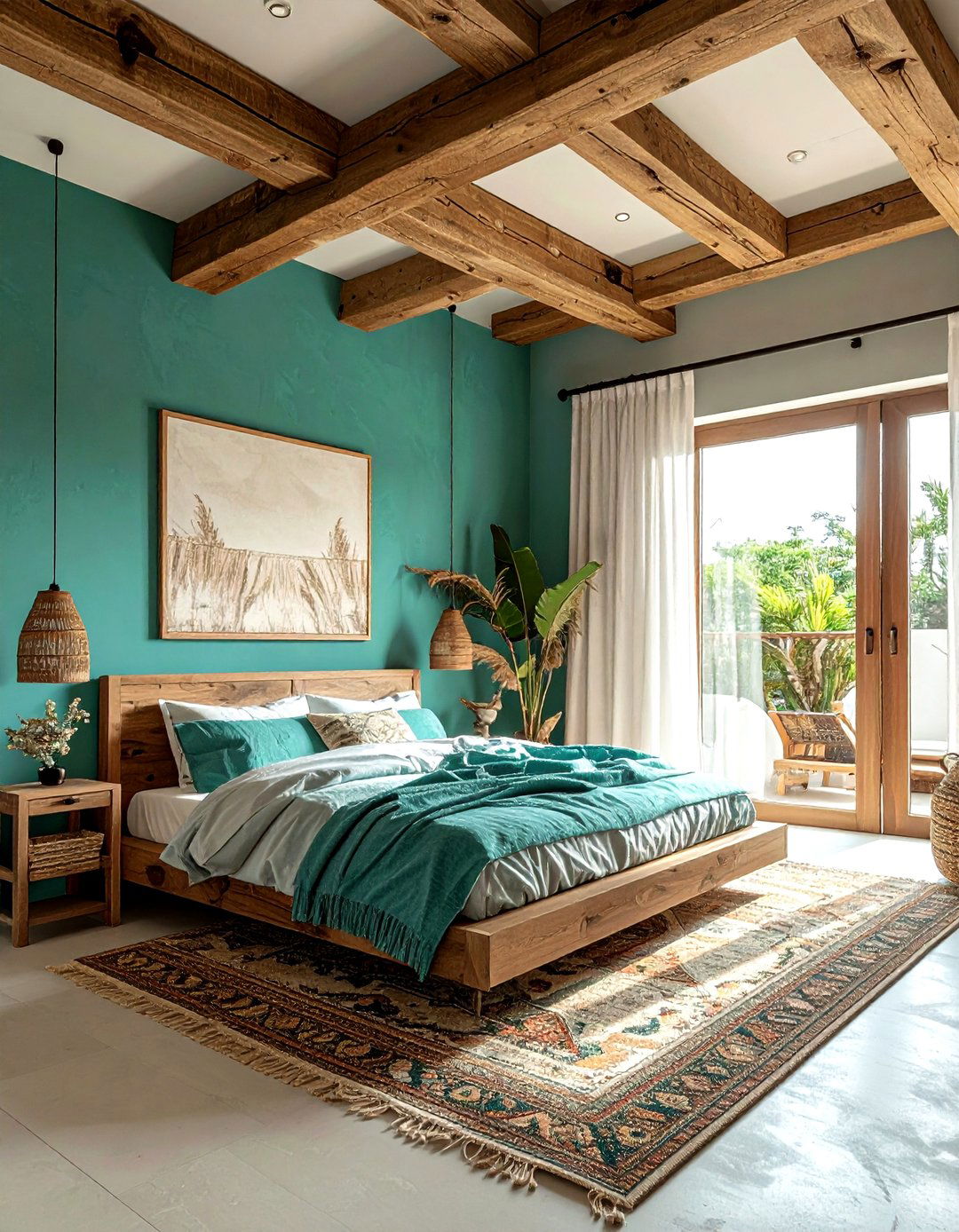Natural wood beam bedroom - 30 bohemian teal bedroom ideas