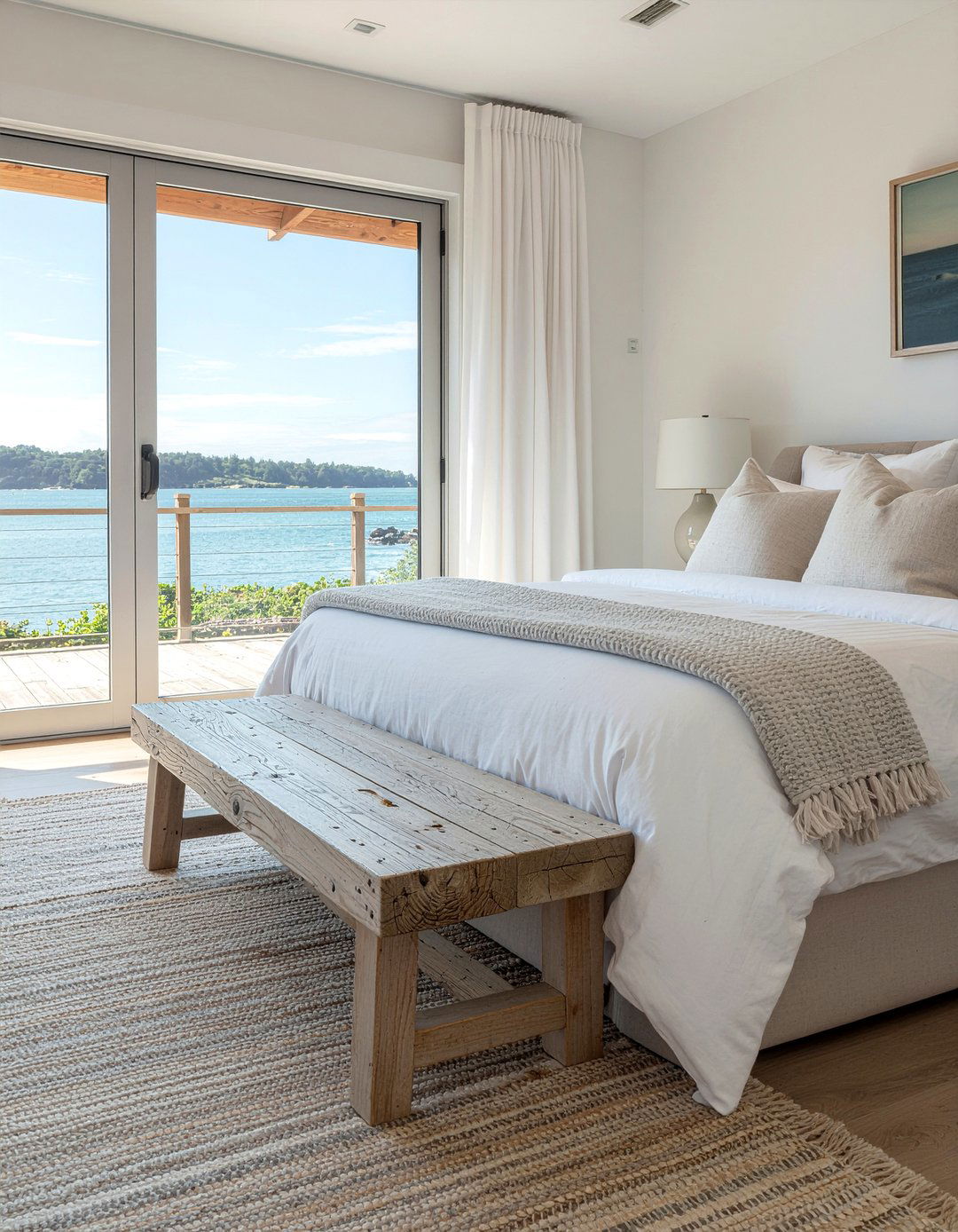 Natural wood bench - 30 coastal bedroom ideas