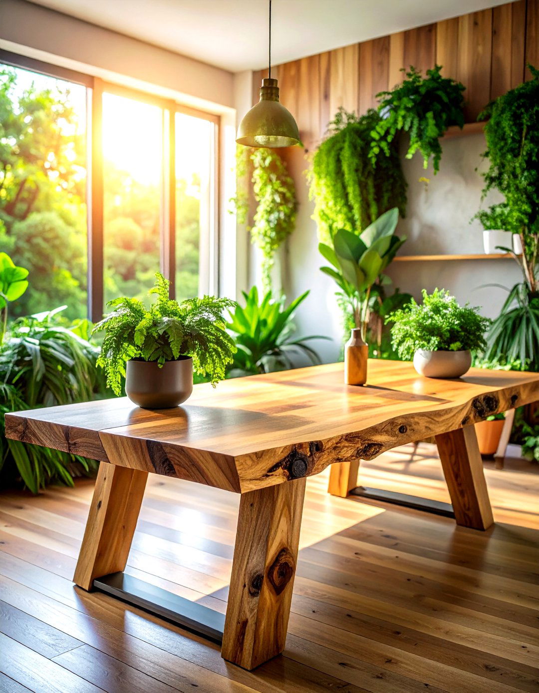 Natural wood table with greenery - 30 live edge dining table ideas