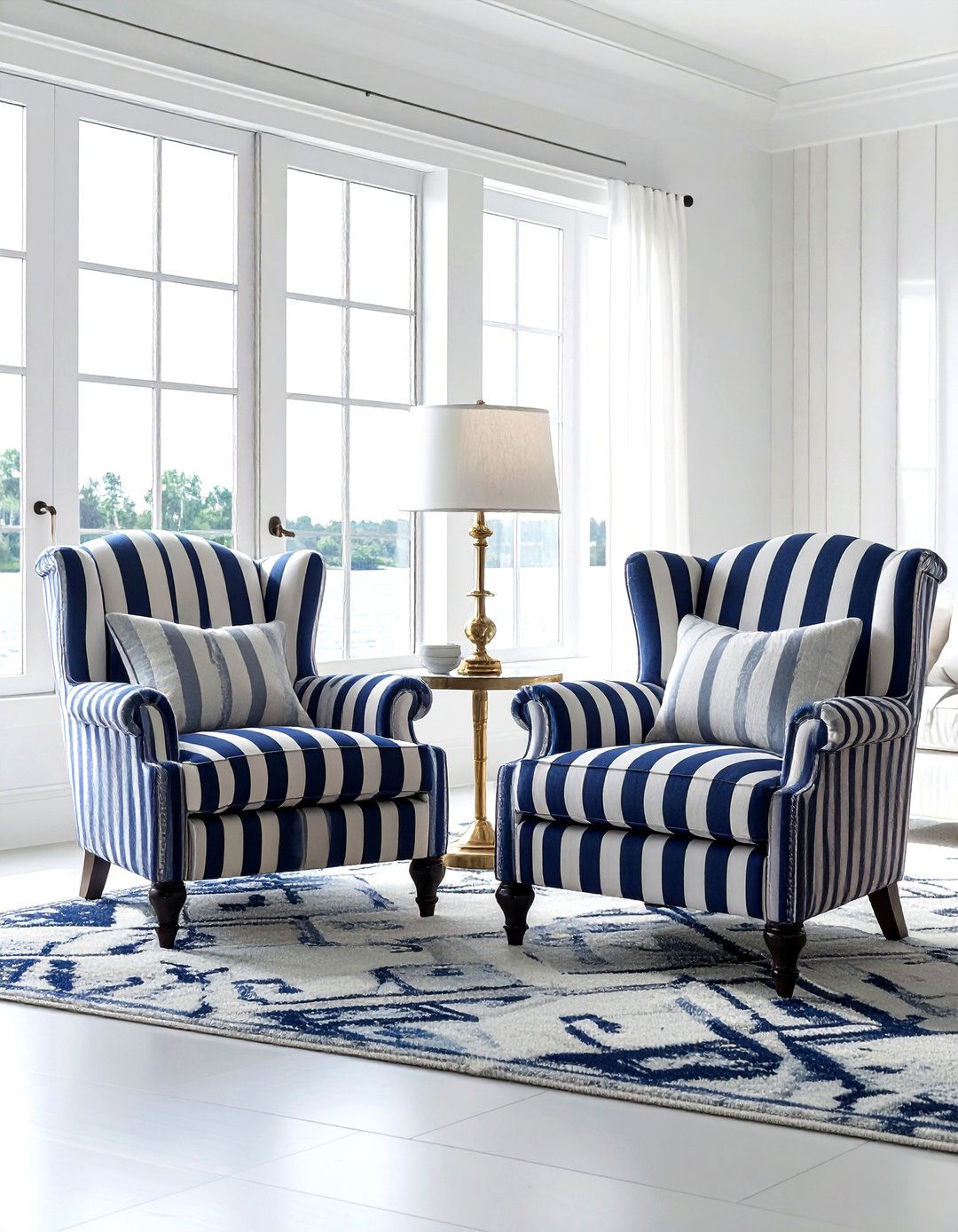 Nautical stripe armchair living room - 30 living room lake house furniture ideas