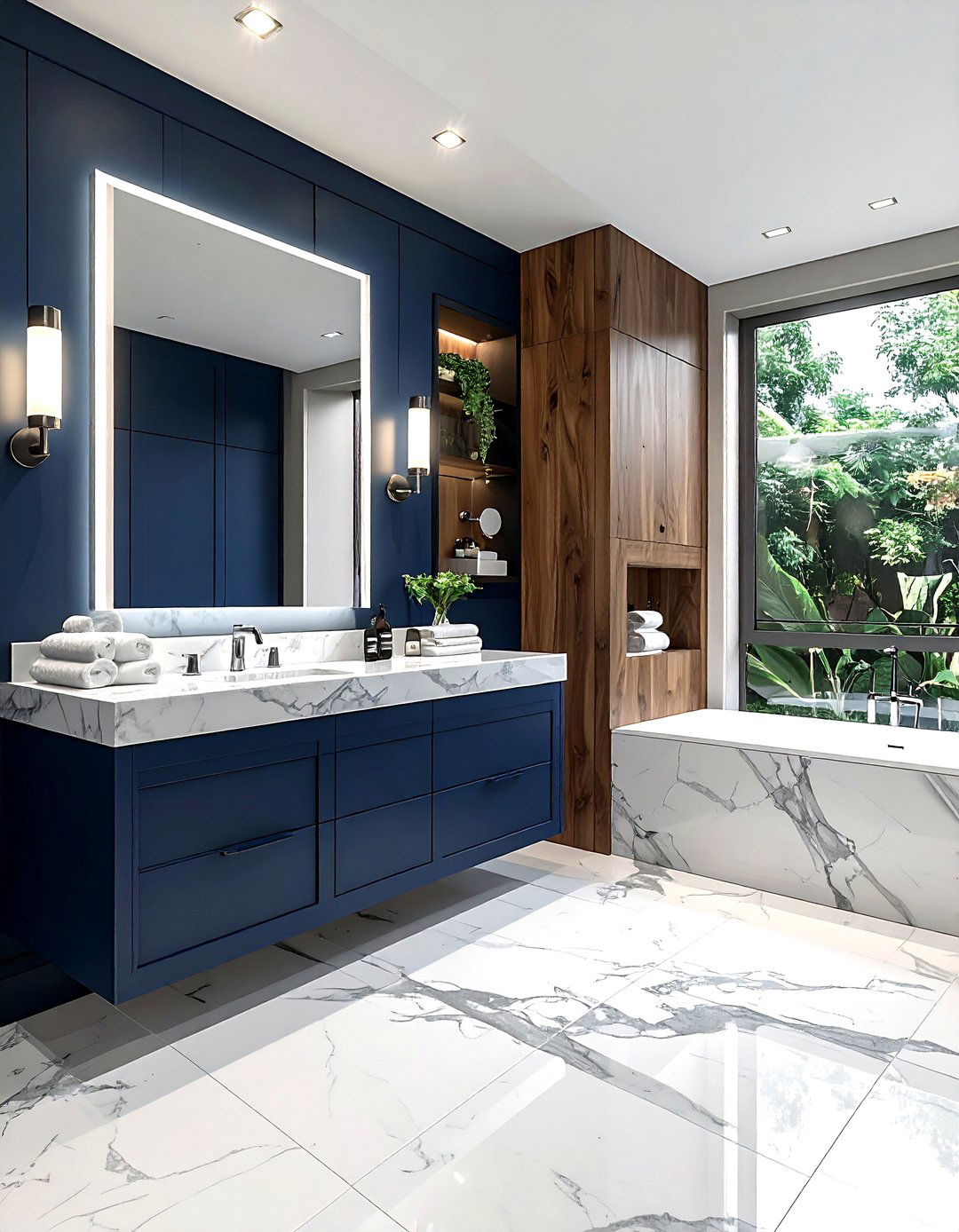 Navy And White Patterned Floor Tile - 30 navy bathroom decor ideas