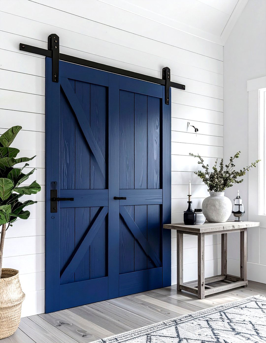 Navy Blue Barn Door - 30 farmhouse navy living room ideas