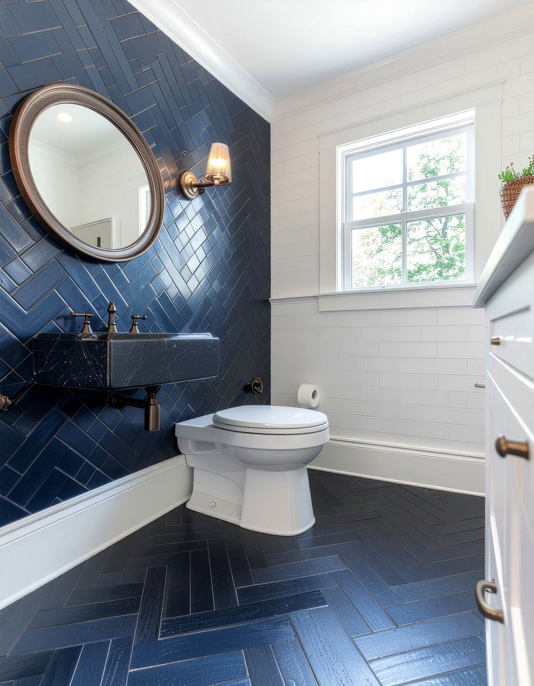 Navy Blue Basketweave Tile - 30 bathroom floor statement ideas