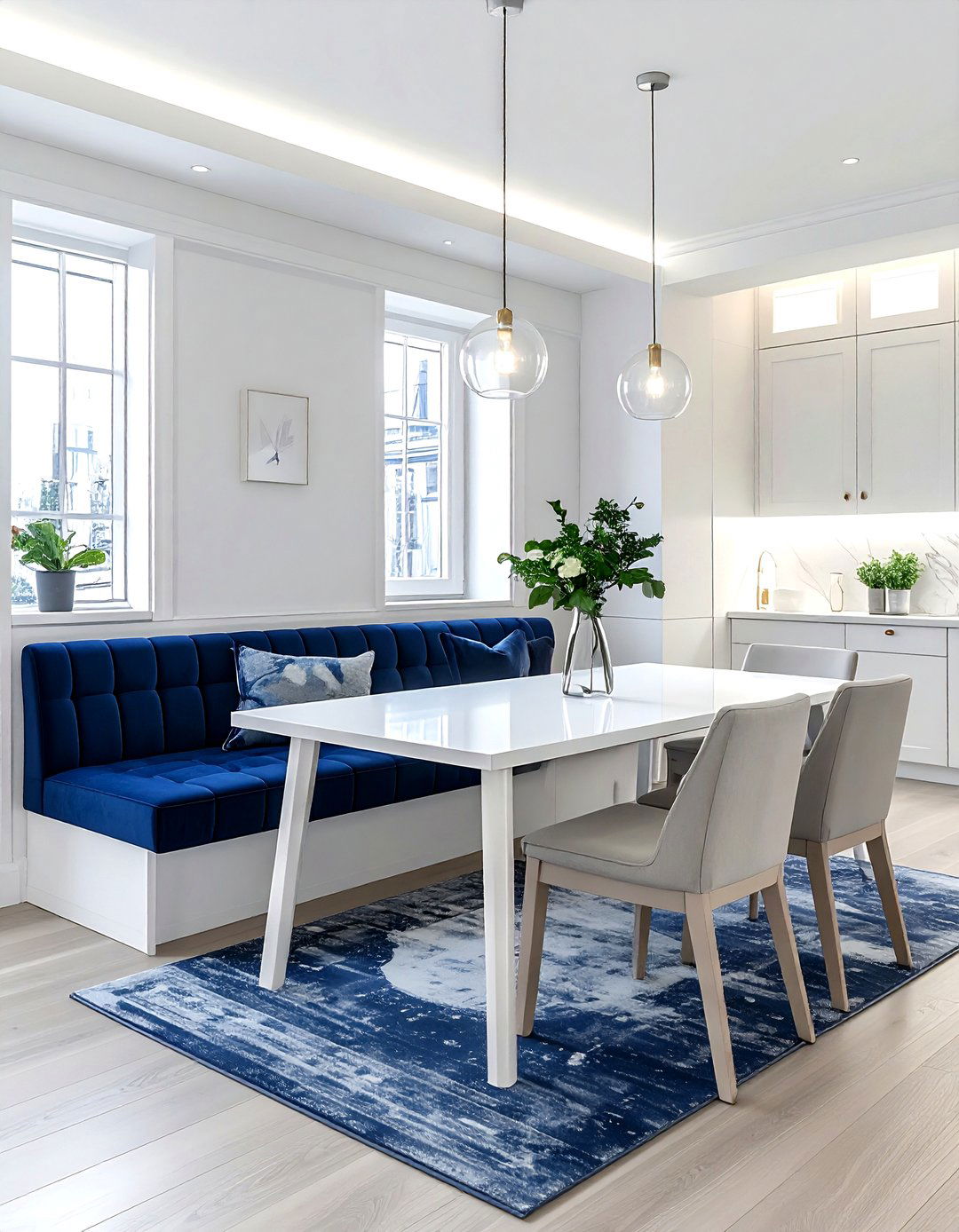 Navy Blue Bench Seating - 30 blue and white dining room ideas