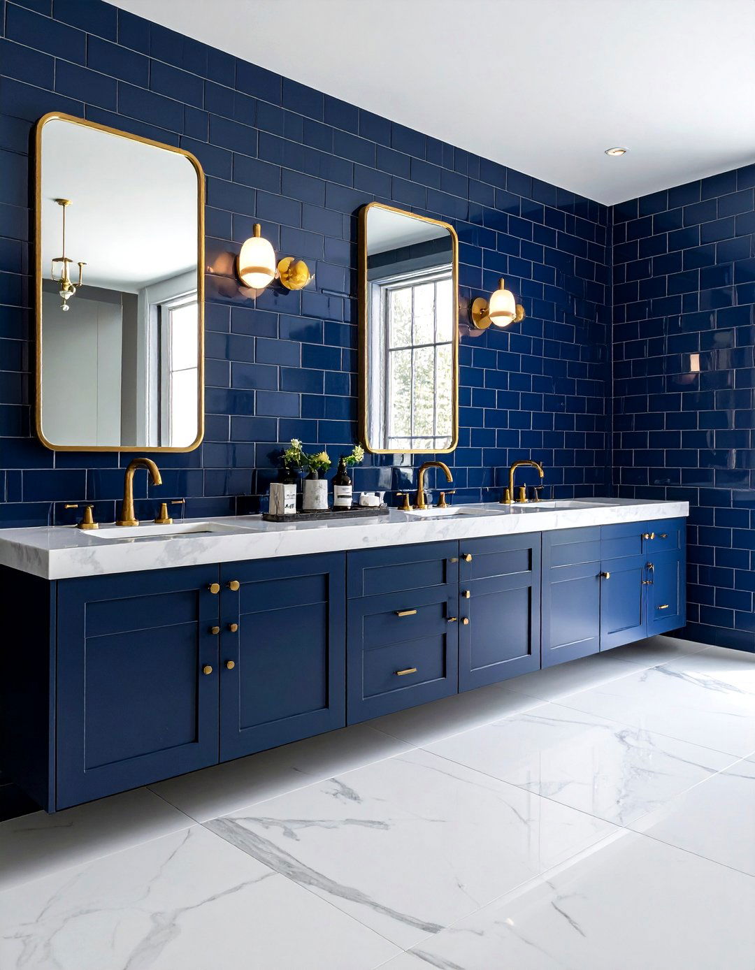 Navy Blue Beveled Subway Tile Wall - 30 beveled subway tile bathroom ideas