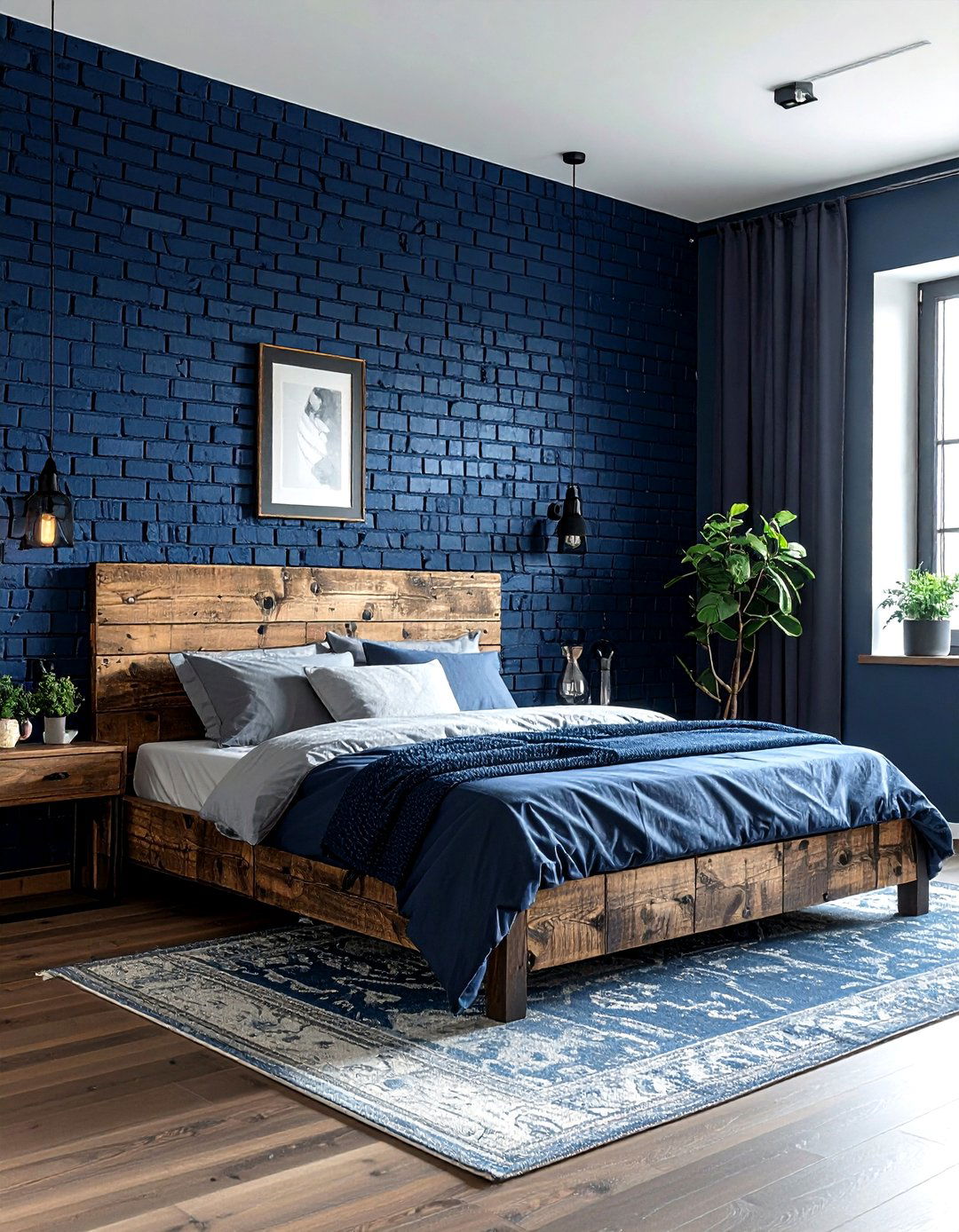 Navy Blue Brick Wall - 30 industrial blue bedroom ideas