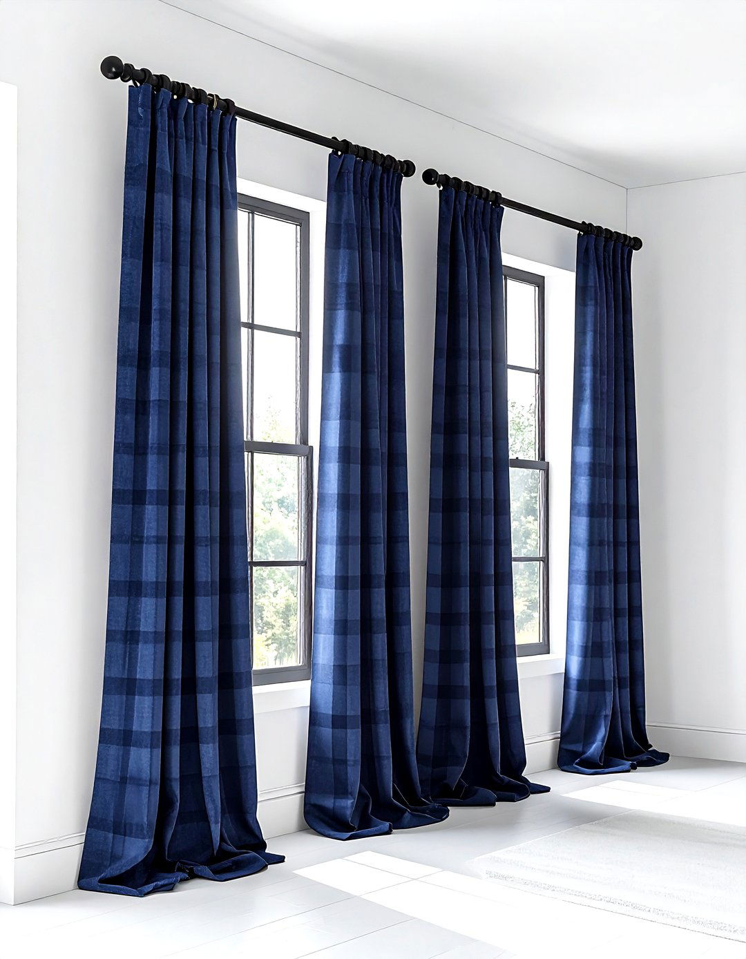 Navy Blue Buffalo Check Curtains - 30 farmhouse navy living room ideas