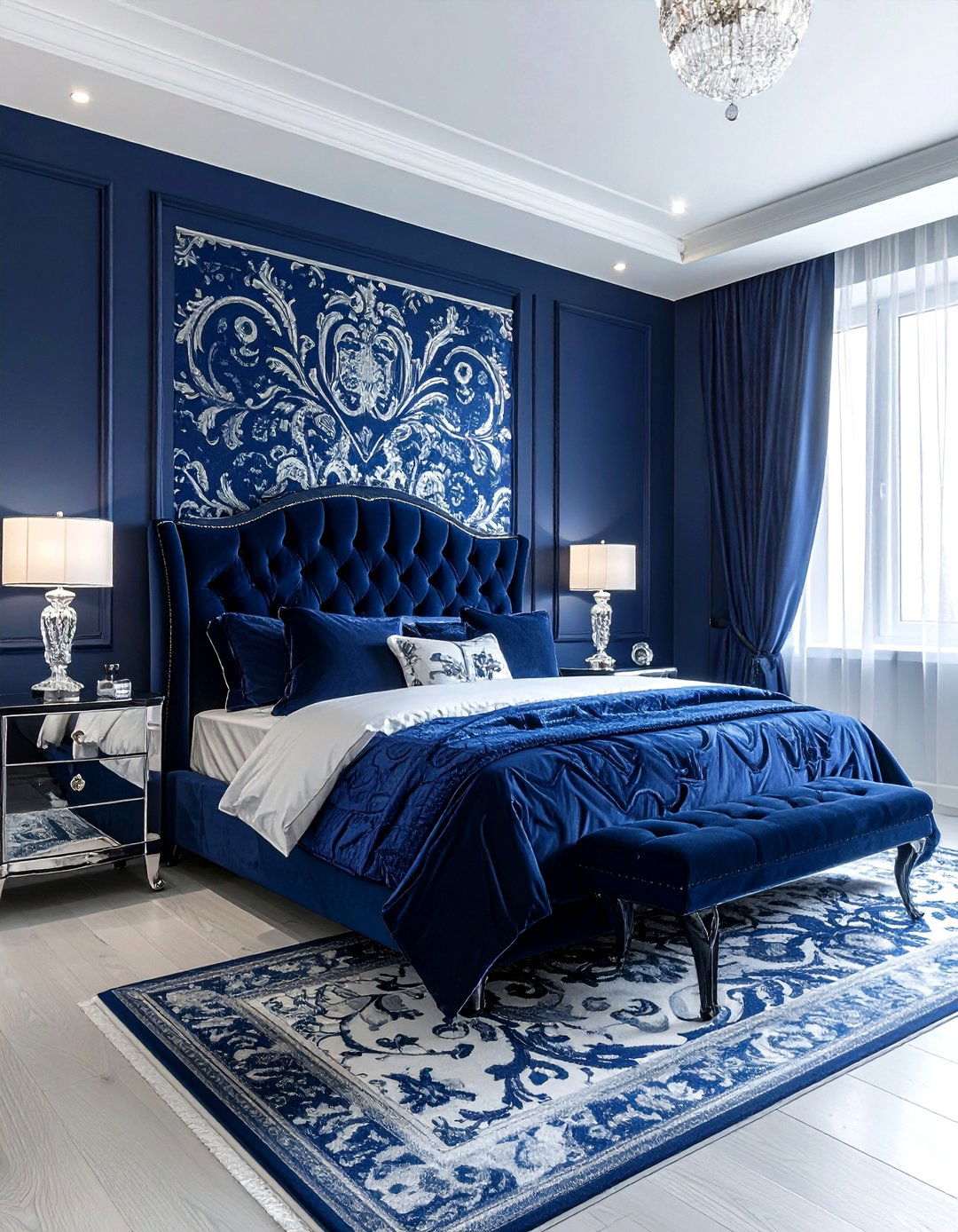 Navy Blue Damask Bedroom - 30 peel and stick wallpaper ideas
