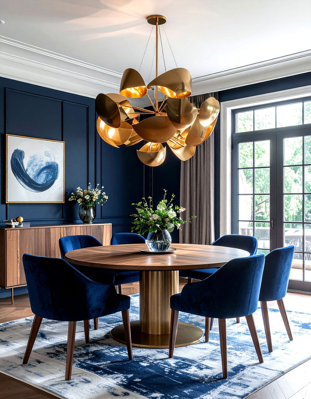 Navy Blue Dining Room Brass Chandelier - 30 dark navy dining room ideas